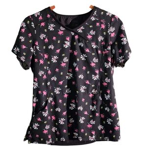 koi Basics Scrub Top Black Floral Women's 2-Pocket STRETCH V-Neck Print size M
